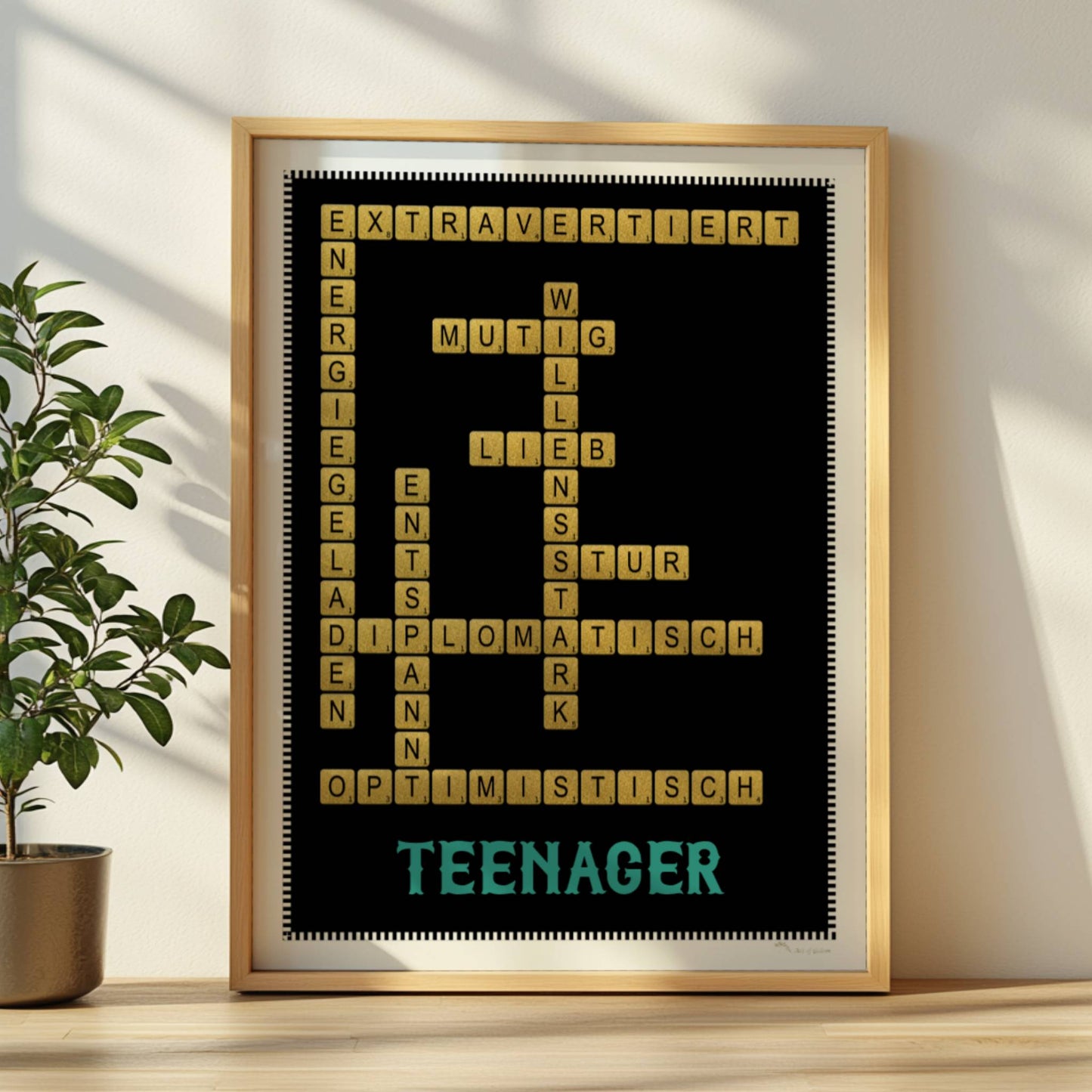 Ein Geschenkposter mit einem Kreuzworträtsel um einen Teenager zu beschreiben. Ein cooles Teenager Zimmer Geschenk