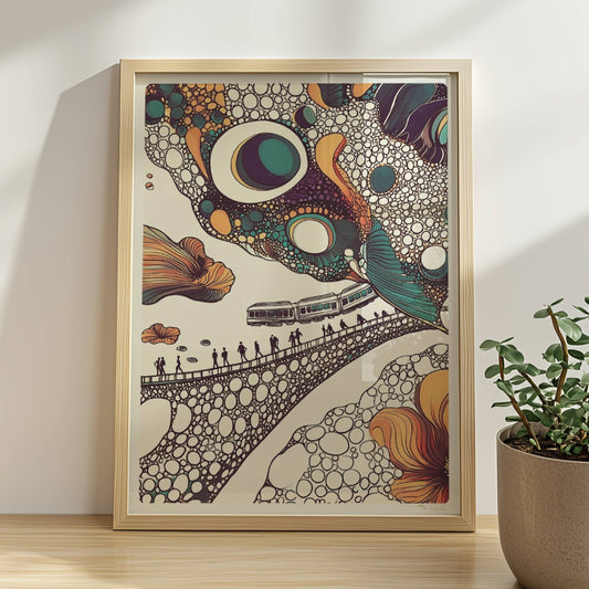 Fantasiereiche Zugreise durch bunte Blasenlandschaft mit Blumen und organischen Formen. Rahmen natur 30x40