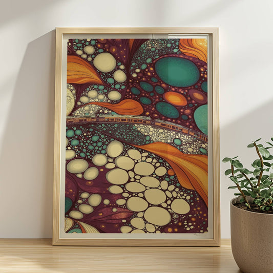 Abstrakter Stadtzug auf einer Brücke aus schwebenden Seifenblasen, surreal und farbenfroh. Rahmen natur 30x40