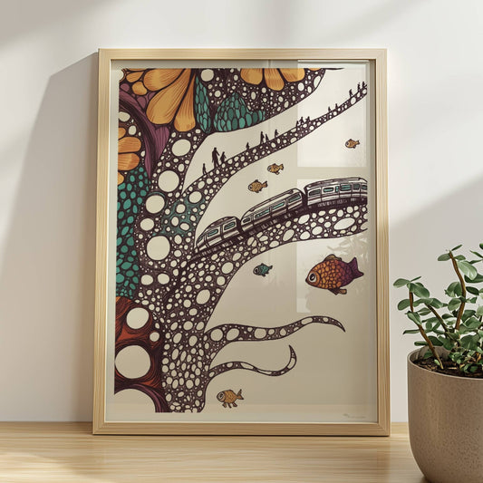 Zukunftszug auf biomorpher Struktur in fantasievoller, organischer Landschaft. Rahmen natur 30x40