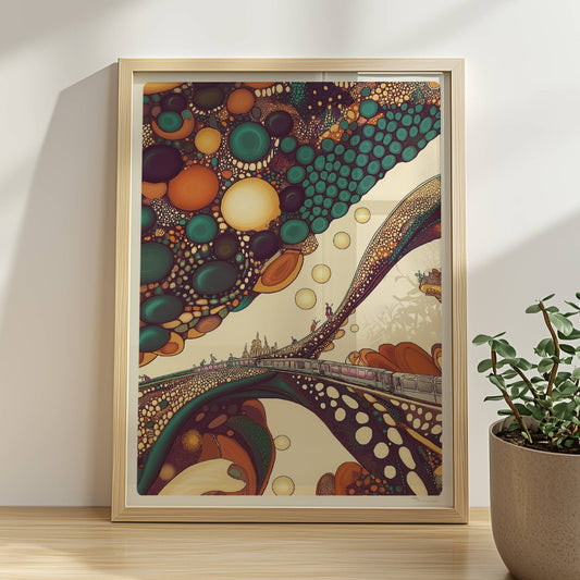 Fantastischer Zug in einer abstrakten Blasenlandschaft mit leuchtenden Farben. Rahmen natur 30x40