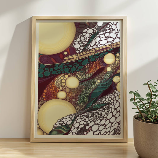 Zugfahrt durch blasenförmiges Terrain, surrealistische Landschaft mit bunten Kreisen. Rahmen natur 30x40