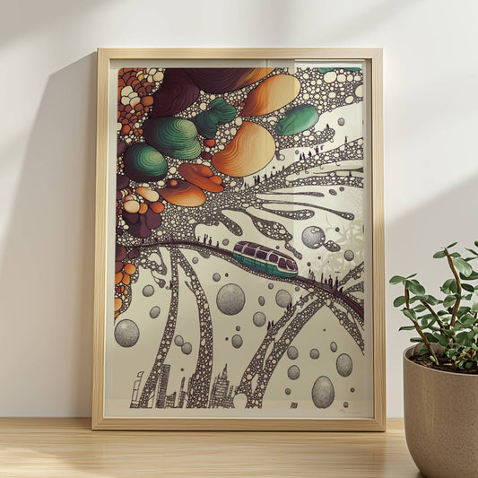 Wellenförmige abstrakte Landschaft mit Zug, geschwungene Linien und fantasievolle Kulisse. Rahmen natur 30x40