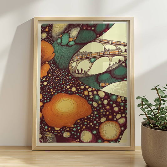 Architektur und Zug im Farbraum, moderne geometrische und organische Elemente kombiniert. Rahmen natur 30x40