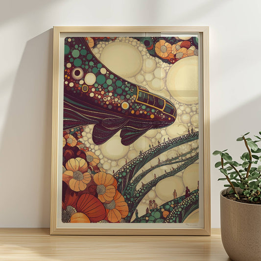 Verbindung aus Blasen und Schienen, verspieltes, botanisch inspiriertes Zugmotiv. Rahmen natur 30x40