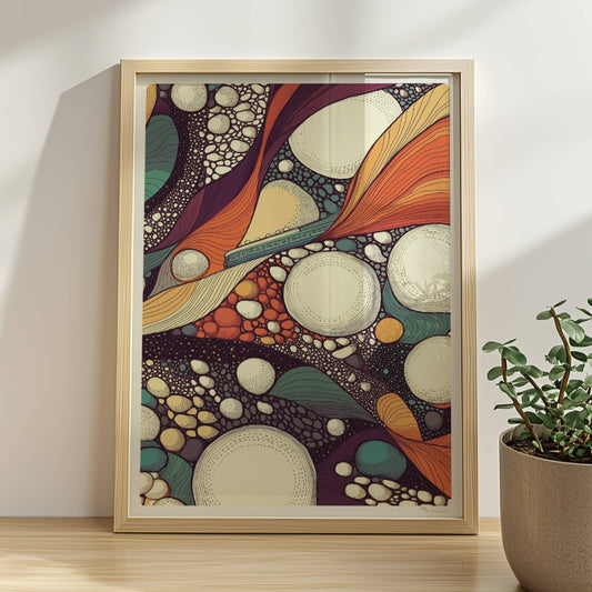 Abstrakte Infrastruktur mit Zugmotiv, geometrische Linien und bunte Flächen. Rahmen natur 30x40