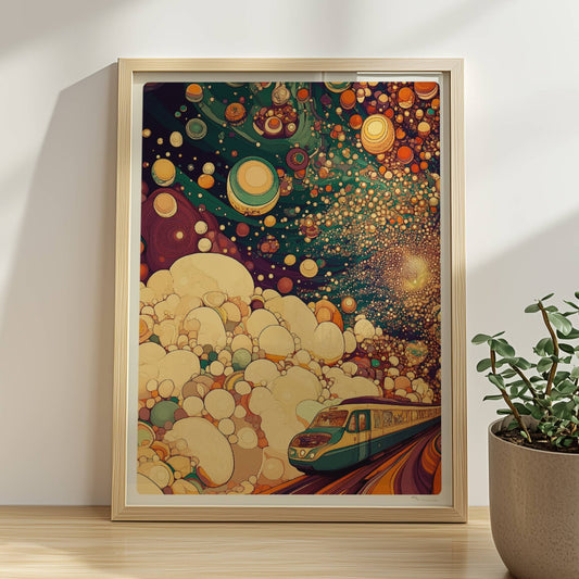Kosmische, biomorphe Zugfahrt in einer fantasievollen, abstrakten Landschaft. Rahmen natur 30x40