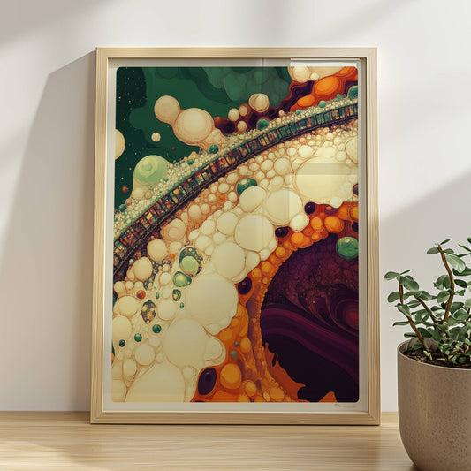 Parametrische Brücke aus Blasen, abstraktes Zugmotiv mit organischen Formen. Rahmen natur 30x40