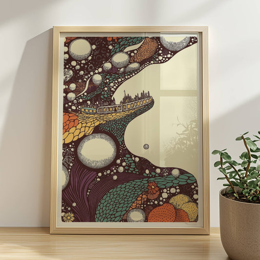 Biomorphe Fantasiereise mit Zug, weiche Formen und verträumte Farbverläufe. Rahmen natur 30x40