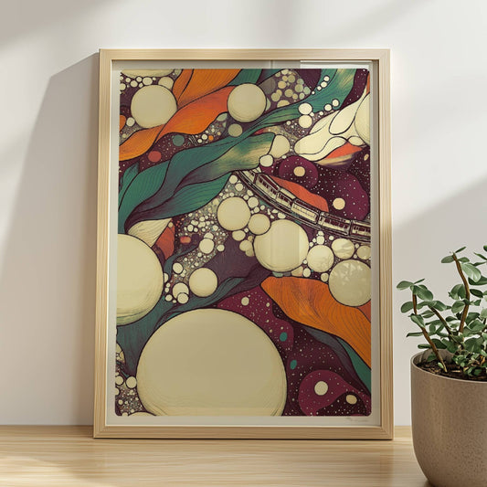 Parametrischer Zug in biomorphen Blasen, moderne abstrakte Komposition. Rahmen natur 30x40