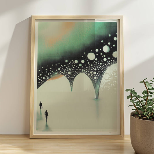Minimalistische biomorphe Brücke, abstrakte Landschaft in gedeckten Tönen. Rahmen natur 30x40