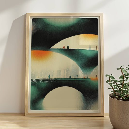 Minimalistische parametrische Stadtbrücke, abstrakte Linien und organische Strukturen. Rahmen natur 30x40