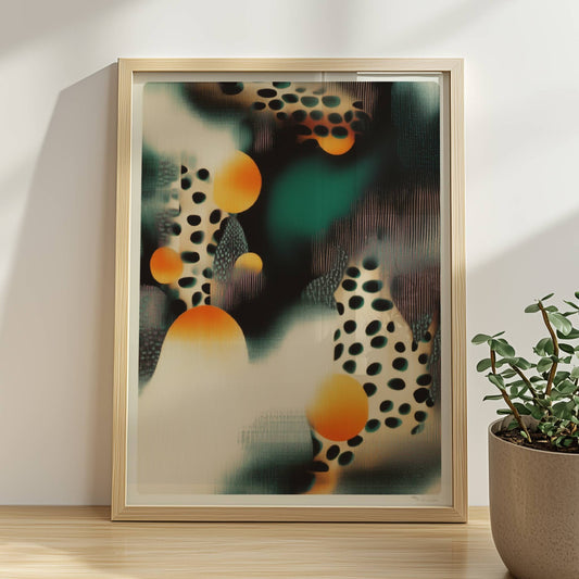 Biomorphe parametrische Polka-Kunst, abstrakte Punkte und geschwungene Linien. Rahmen natur 30x40