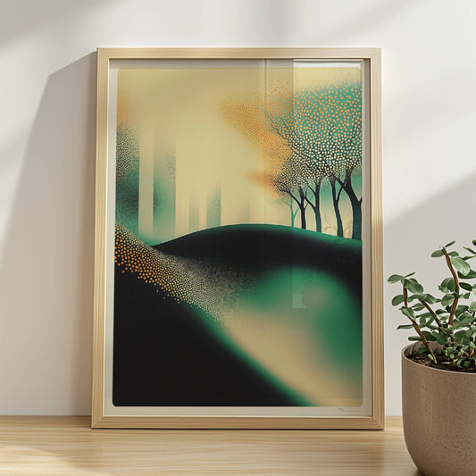 Minimalistische leuchtende Waldlandschaft, abstrakte Bäume mit Lichtakzenten. Rahmen natur 30x40