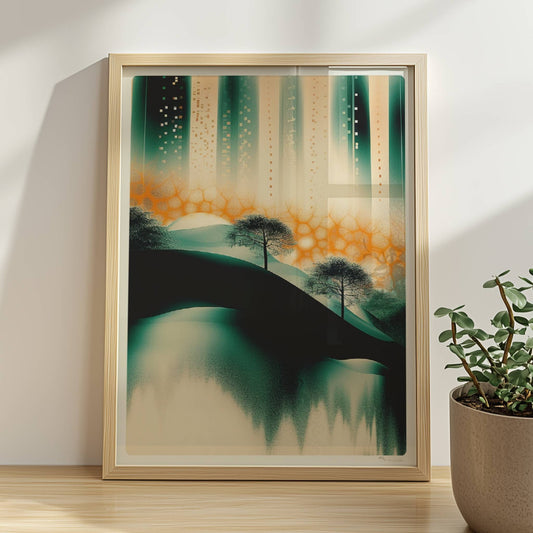 Futuristische urbane Oasenlandschaft, moderne Stadtansicht mit organischen Elementen. Rahmen natur 30x40