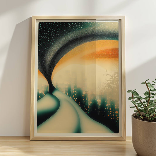 Surreale Traumstadt, abstrakte Architektur mit verspielten Farbflächen. Rahmen natur 30x40