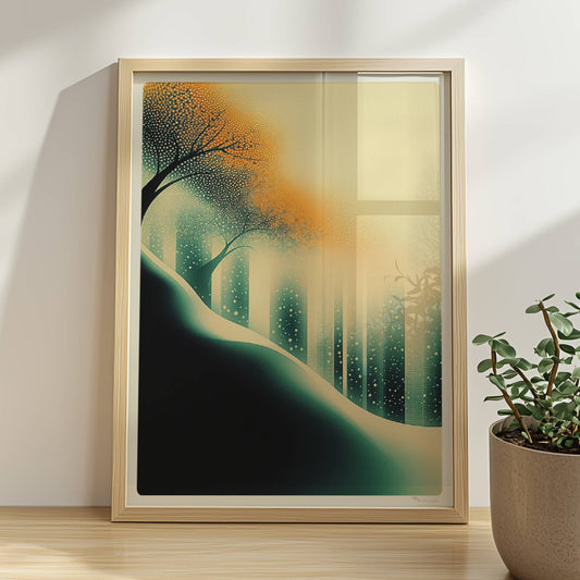 Ätherische Waldlicht-Landschaft, leuchtende Sonnenstrahlen im abstrakten Wald. Rahmen natur 30x40
