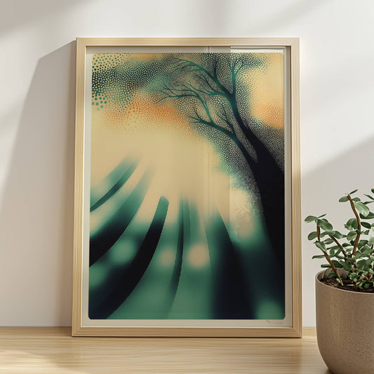 Abstrakte Sonnenstrahlen im Wald, energetisches Lichtspiel in moderner Naturkulisse. Rahmen natur 30x40