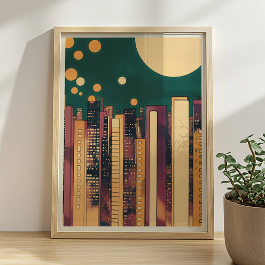 Abstrakte Skyline bei Nacht mit goldenen Lichtkreisen und modernem Stadtbild. Rahmen natur 30x40