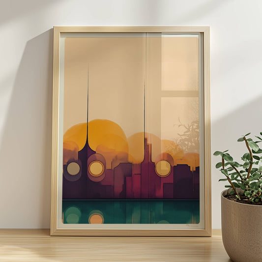 Minimalistische Skyline mit Sonnenuntergang, Spiegelung im Wasser und abstrakten Formen. Rahmen natur 30x40