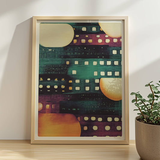 Abstrakte Stadtlichter, geometrische Hochhäuser und leuchtende Fenster in Nachtstimmung. Rahmen natur 30x40