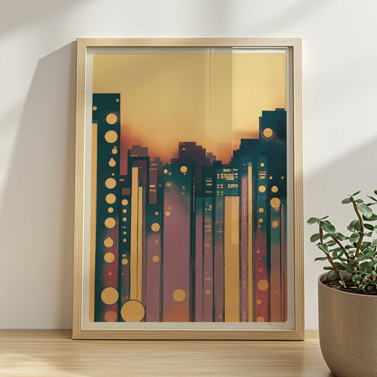 Geometrische Stadt mit leuchtenden Kreisen und modernem Skyline-Design. Rahmen natur 30x40