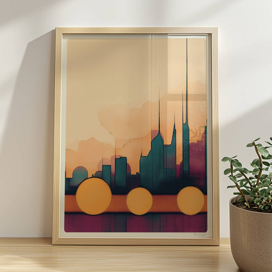 Abstrakte Skyline mit großen Kreisen vor hellen Wolken und türkisfarbenem Wasser. Rahmen natur 30x40
