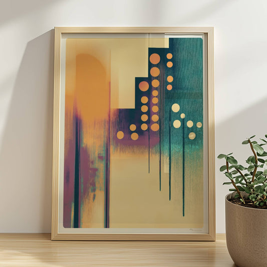 Abstrakte Stadtlandschaft mit vertikalen Linien und orangefarbenen Lichtkreisen. Rahmen natur 30x40
