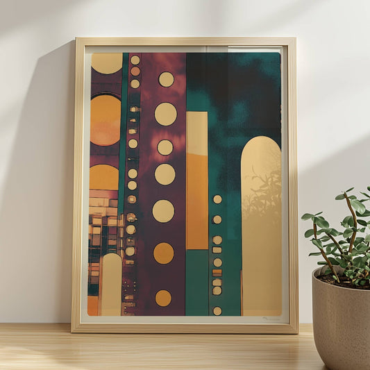 Geometrische Hochhausfassaden mit großen Punkten und modernen Linien in Türkis und Orange. Rahmen natur 30x40