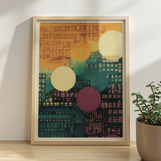 Abstraktes Stadtbild mit Punkten und Gebäudeformen in leuchtenden Farben. Rahmen natur 30x40