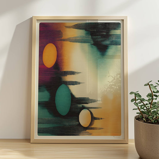 Abstraktes Muster mit ovalen Formen, organischer Textur und Farbverlauf in Orange und Türkis. Rahmen natur 30x40