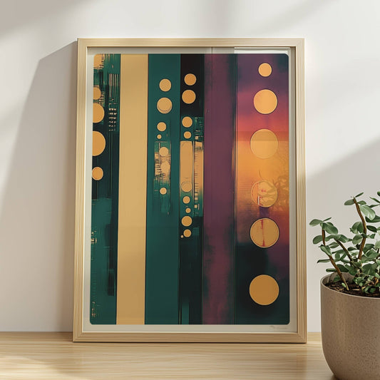 Vertikale Streifen mit Kreisen, moderne abstrakte Stadtinspiration in Gelb, Türkis und Lila. Rahmen natur 30x40