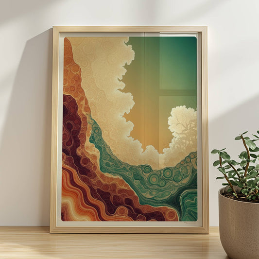 Abstrakte Topografie mit erdigen Wellenlinien und hellen organischen Konturen in Grün und Beige. Rahmen natur 30x40