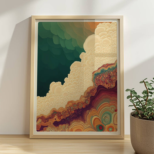 Abstrakte Kunst mit organischen Blasen, topografischen Linien und erdigen Farbverläufen in Grün, Beige und Orange.. Rahmen natur 30x40