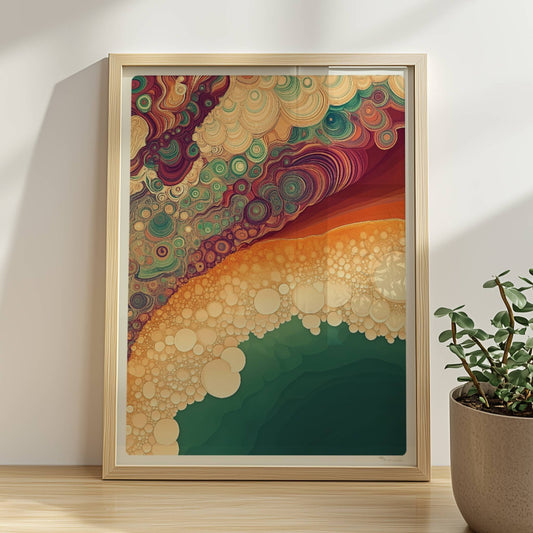 Abstrakte Kunst mit vielen organischen Blasenformen, topografischen Linien und Farbabstufungen in Türkis, Orange und Violett.. Rahmen natur 30x40
