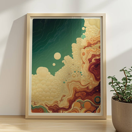 Farbkräftige abstrakte Kunst mit organischen Kreisen, geschwungenen Linien und türkis-braunen Farbverläufen, inspiriert von Natur und Geologie.. Rahmen natur 30x40