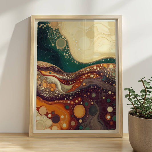 Abstrakte Landschaft mit wellenförmigen Linien, dynamischen Blasenstrukturen und warmen Farben – erinnert an farbige Erdschichten und Mineralien.. Rahmen natur 30x40