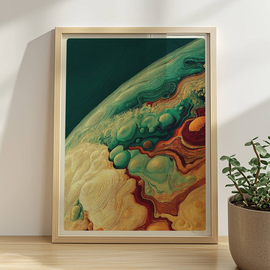 Detailreiche abstrakte Landschaft mit organischen Wellen, geschwungenen Linien und Blasenformen in Grüntönen, Ocker und Terrakotta.. Rahmen natur 30x40