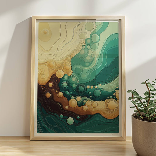 Abstrakte Wellenlandschaft mit dynamischen Linien, runden Blasenformen und fließenden Grüntönen, Gelb und Braun.. Rahmen natur 30x40