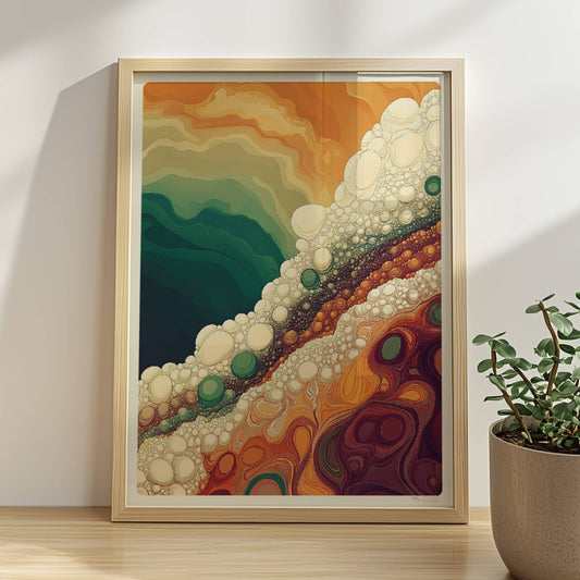 Abstrakte Landschaft mit bunten Schichten, weißen Blasen und dynamischen Farbverläufen in Grün, Orange und Braun.. Rahmen natur 30x40