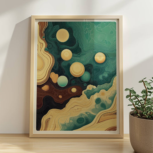 Abstrakte Kunst mit goldenen Blasen, geschwungenen Linien und topografischen Strukturen in Braun, Grün und Gelb.. Rahmen natur 30x40