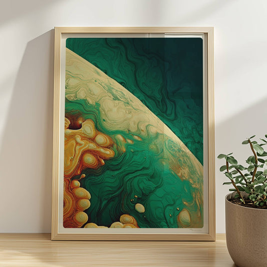 Abstrakte Kunst mit dynamischen topografischen Linien, organischen Formen und einem Verlauf aus Türkis, Gelb und Orange.. Rahmen natur 30x40