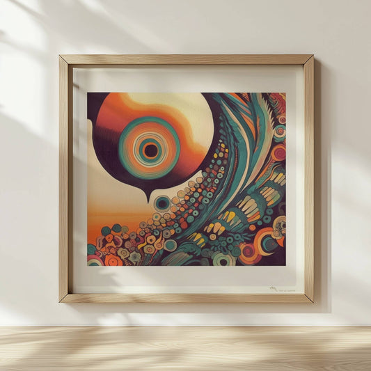 Abstrakte Komposition mit konzentrischen Kreisen, Sonnenuntergangsfarben und floralen Mustern auf schwarzem Hintergrund.. Rahmen natur 30x30