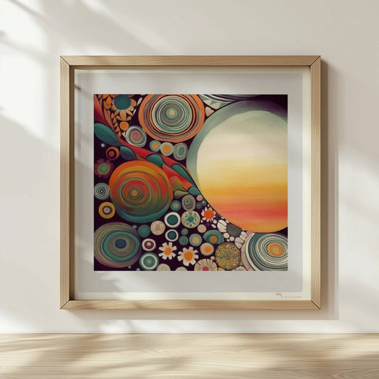 Abstrakte Kunst mit großer weißer Sonne, Kreisformen und floralen Details in kräftigen Farben auf dunklem Hintergrund.. Rahmen natur 30x30