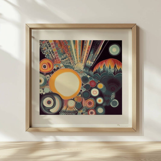 Abstrakte Komposition mit großen und kleinen Kreisen, floralen Elementen und zarten Linien auf dunklem Hintergrund.. Rahmen natur 30x30