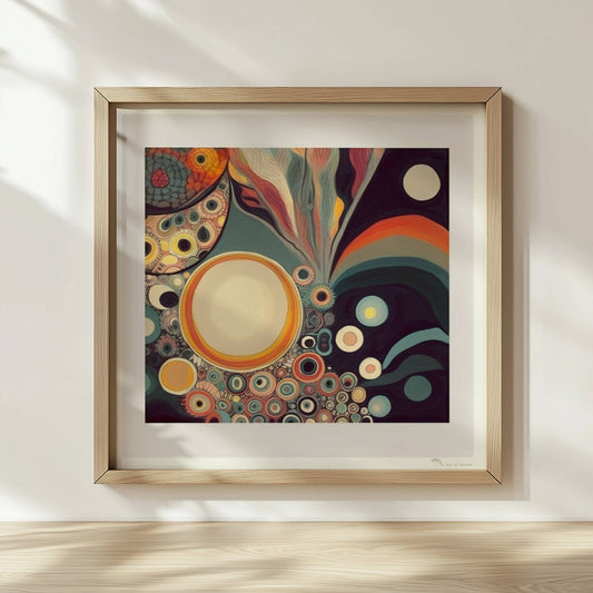 Abstrakte Kunst mit Kreisen, konzentrischen Mustern, wellenförmigen Linien und lebendigen Farben auf dunklem Hintergrund.. Rahmen natur 30x30