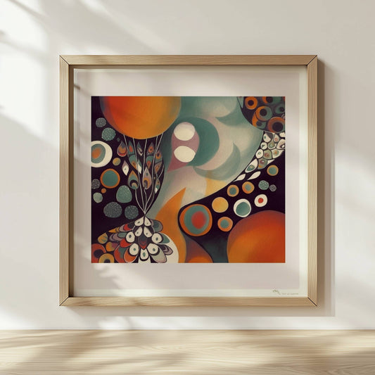 Abstrakte Darstellung eines großen Kreises mit Sonnenuntergangsfarben und vielen kleineren Kreisen, Blumen und dekorativen Elementen.. Rahmen natur 30x30