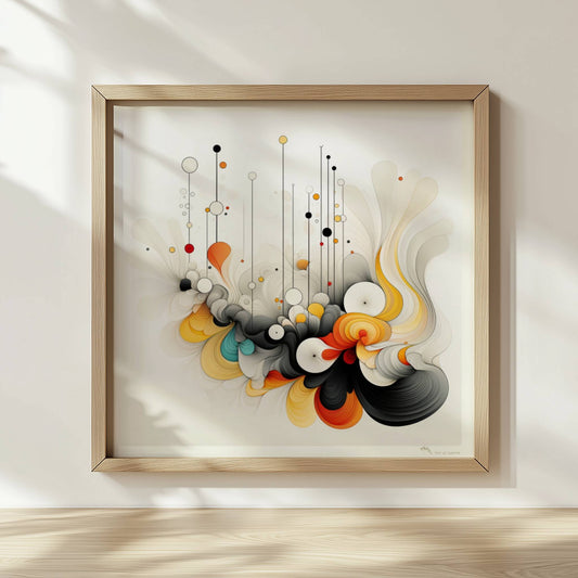 Abstrakte Komposition aus geschwungenen Linien, bunten Kreisen und dynamischen Formen auf weißem Hintergrund.. Rahmen natur 30x30