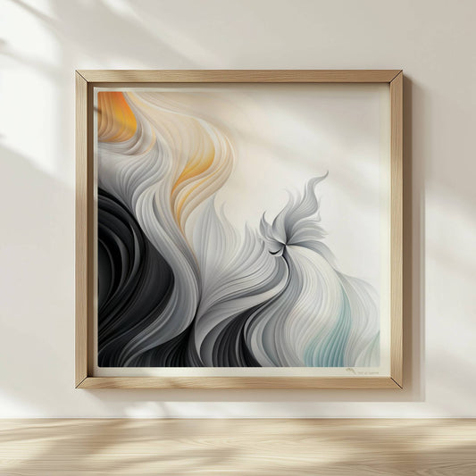 Abstrakte Vektorgrafik mit fließenden, gefiederten Linien in Schwarz, Weiß und sanftem Orange auf hellem Hintergrund.. Rahmen natur 30x30