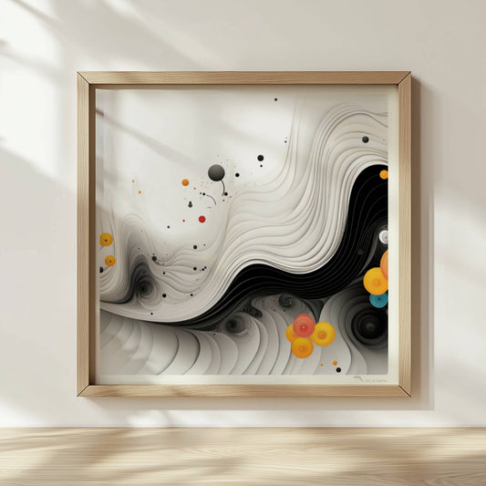 Abstrakte Vektorgrafik mit geschwungenen schwarzen Linien und bunten Kreisen auf weißem Hintergrund.. Rahmen natur 30x30